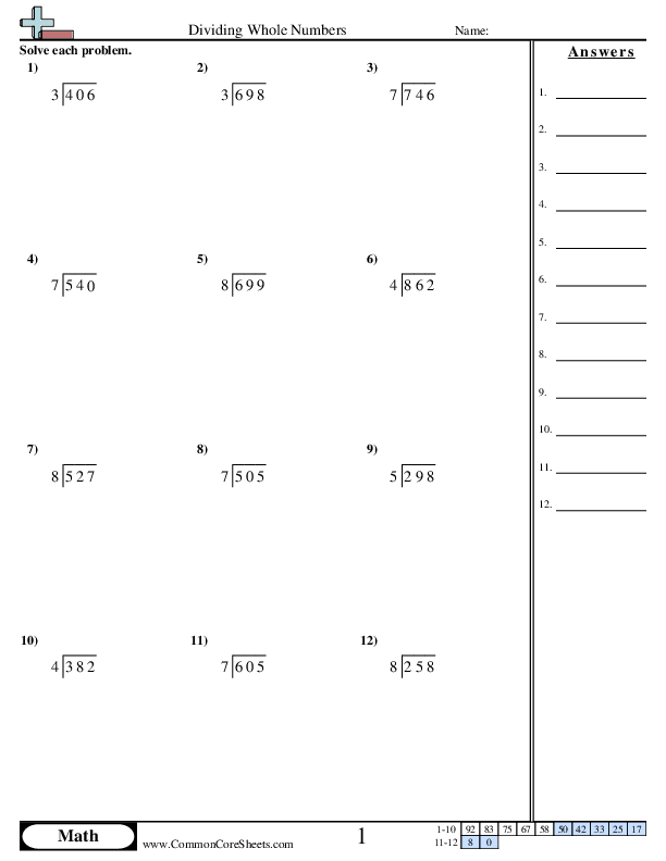 3 ÷ 1 (w/remainder) worksheet